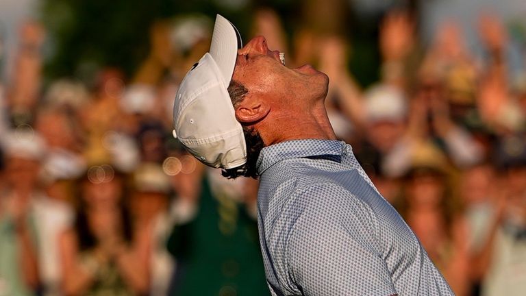 Rory McIlroy celebrates winning The Masters