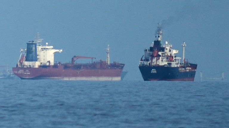 FILE - Oil tankers and cargo ships line up in the Strait of Hormuz as seen from Khor Fakkan, United Arab Emirates, Wednesday, March 11, 2026. (AP Photo/Altaf Qadri,File)