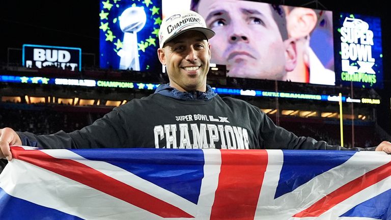 Seattle Seahawks defensive coordinator Aden Durde celebrates after the NFL Super Bowl 60 football game against the New England Patriots, Sunday, Feb. 8, 2026, in Santa Clara, Calif. (AP Photo/Steve Luciano)