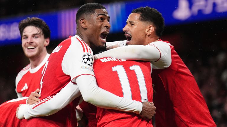 Arsenal players celebrate during their 3-1 win over Bayern Munich
