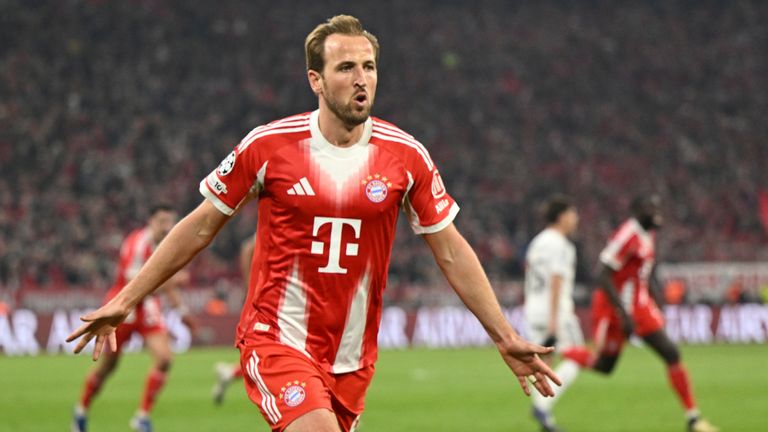 Bayern's Harry Kane celebrates after scoring his side's second goal during the Champions League quarterfinal second leg against Real Madrid