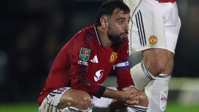 Bruno Fernandes reacts during Man Utd's penalty shootout loss to Grimsby