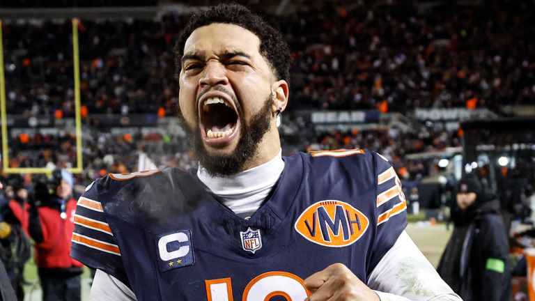 Caleb Williams celebrates Chicago Bears' win over Green Bay Packers in the NFL playoffs - the team's first postseason victory in 15 years