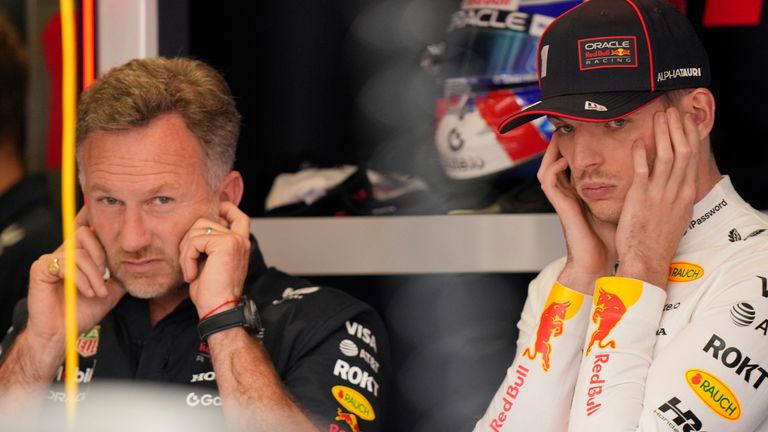 Christian Horner and Max Verstappen pictured during second practice at the Emilia Romagna GP in May (AP Photo/Luca Bruno)
