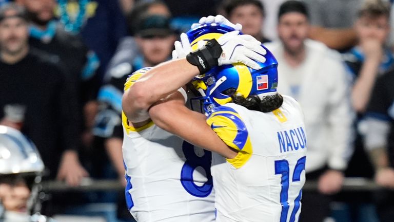 Los Angeles Rams tight end Colby Parkinson celebrates with Puka Nacua 