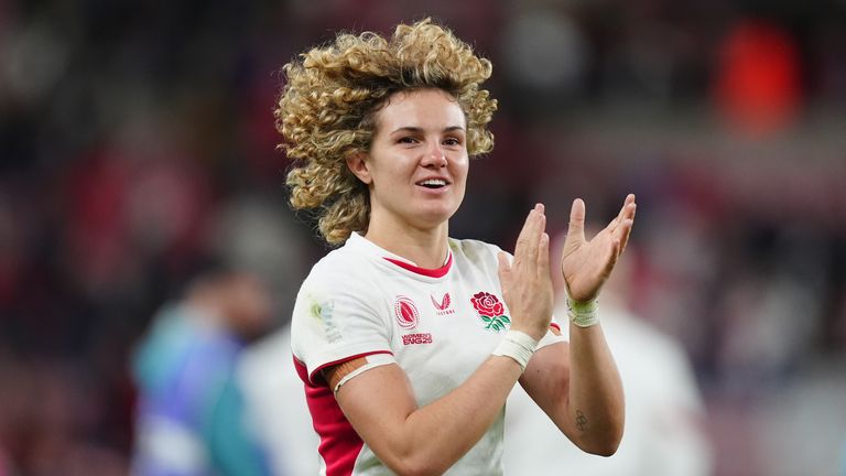 Ellie Kildunne applauds the fans after the Women's Rugby World Cup 2025 Pool A match at the Stadium Of Light
