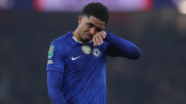 Wesley Fofana is visibly upset after Chelsea bow out of the Carabao Cup at Arsenal