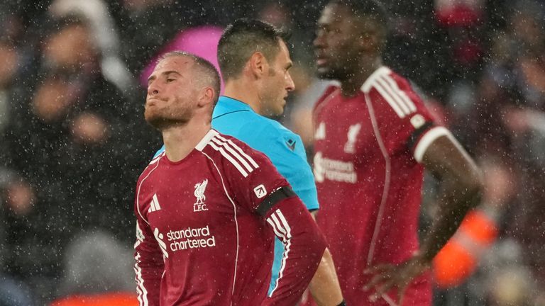 Liverpool's Alexis Mac Allister reacts after PSG's Ousmane Dembele scored his side's opening goal
