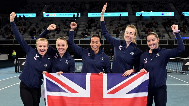 Britain's Harriet Dart, Katie Swan, team captain Anne Keothavong, Mika Stojsavljevic and Jodie Burrage celebrate reaching the Billie Jean King Cup Finals