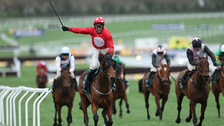 JJ Slevin celebrates as Home By The Lee wins the 2026 Stayers' Hurdle