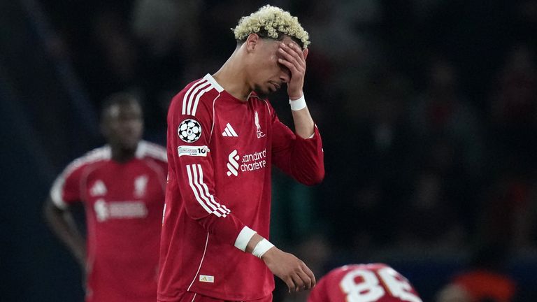 Hugo Ekitike shows dejection after Liverpool concede the second goal
