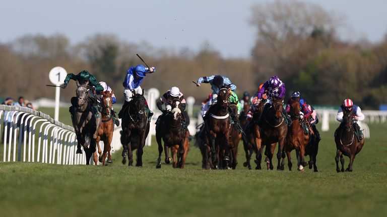 Runners and riders during the Goffs Hundred Grand Bumper at Newbury racecourse