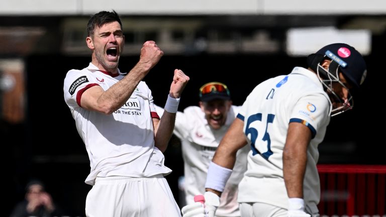 Lancashire captain James Anderson took four wickets - including that of Anuj Dal - to secure victory over Derbyshire