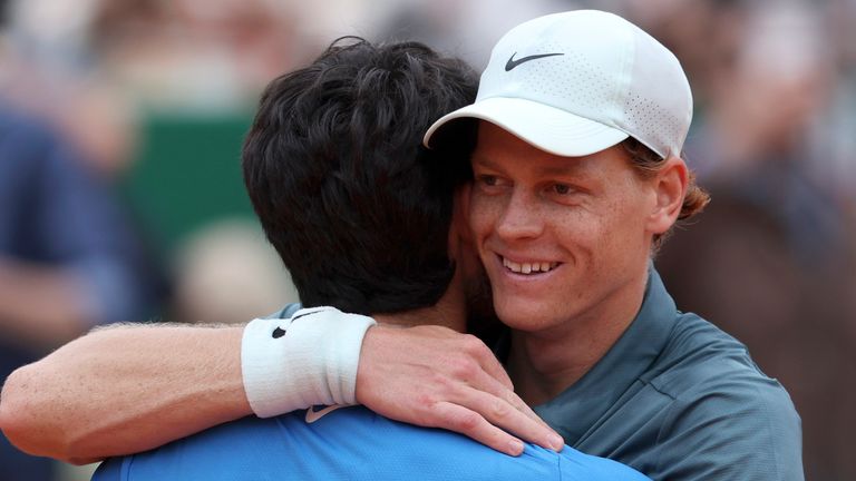 Jannik SInner and Carlos Alcaraz embrace after the Monte-Carlo Masters final