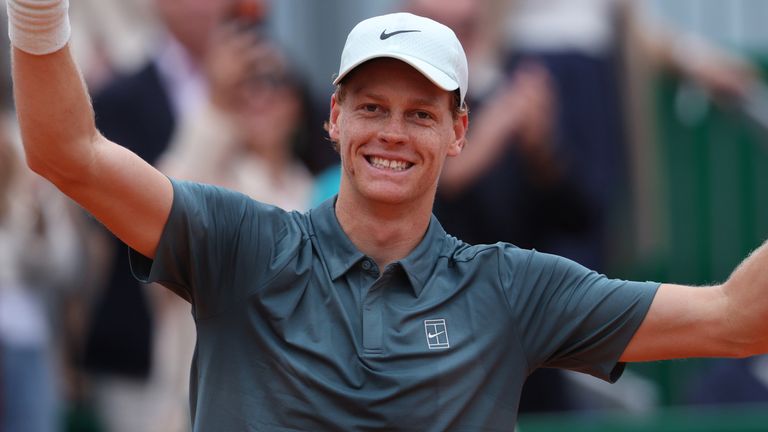 Jannik Sinner celebrates after beating Carlos Alcaraz in the Monte-Carlo Masters final