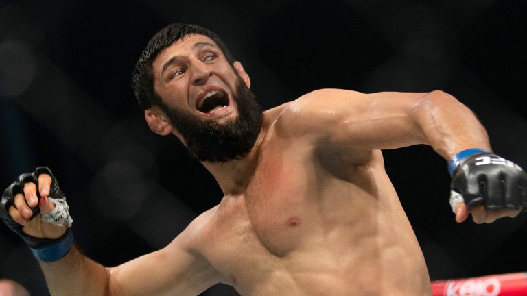 Khamzat Chimaev celebrates his win over Dricus Du Plessis at UFC 319