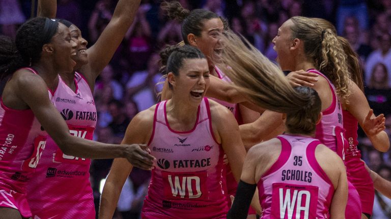London Pulse players celebrate victory over Loughborough Lightning in the 2025 Netball Super League Grand Final 