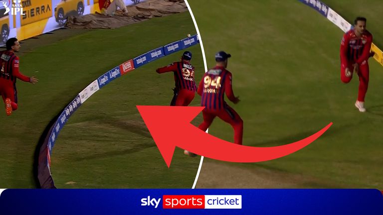 Lucknow Super Giants have mix-up in the field as Abdul Samad tries to keep the ball in play near the boundary in an attempt to direct the ball towards Aiden Markram to take the catch and the opportunity goes missing. 