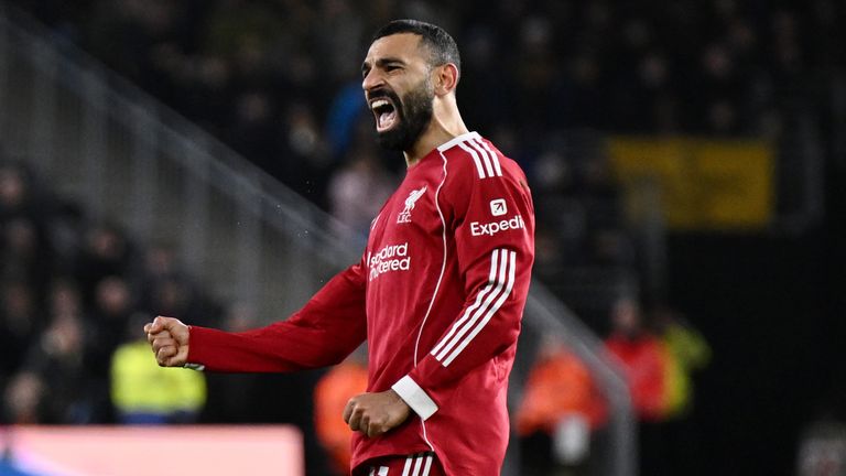 Mohamed Salah celebrates after scoring Liverpool's equaliser against Wolves