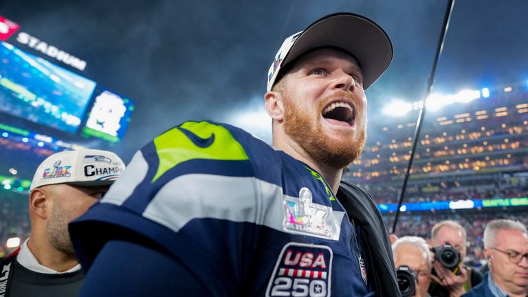 Seattle Seahawks quarterback Sam Darnold celebrates after defeating the New England Patriots in the NFL Super Bowl 60 football game, Sunday, Feb. 8, 2026, in Santa Clara, Calif. (AP Photo/Brynn Anderson)