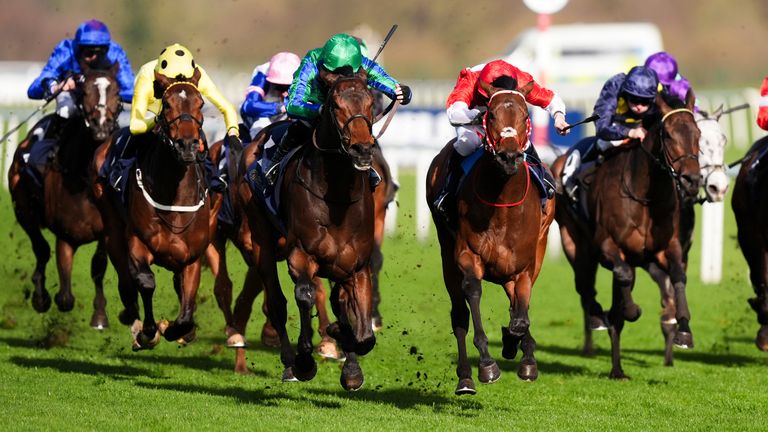 Urban Lion, ridden by Edward Greatrex (green silks, left), on the way to winning the William Hill Lincoln at Doncaster