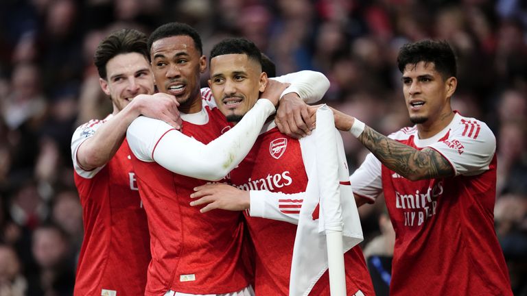 Arsenal's William Saliba (second right) celebrates with his team-mates after scoring his sides first goal
